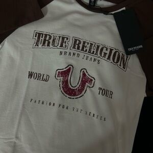 True Religion White and Brown Long Sleeve Tee with Maroon Logo